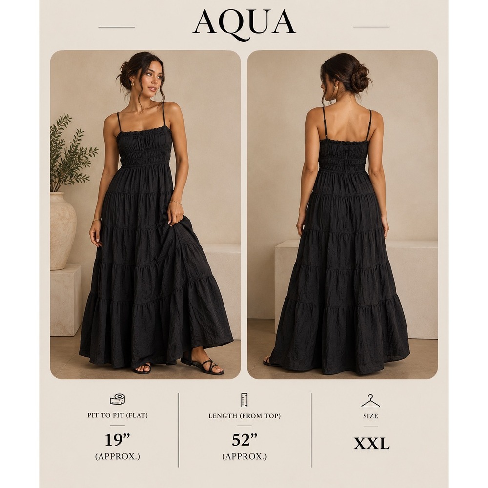 AQUA Black Smocked Tiered Maxi Dress XXL Adjustable Straps Boho Summer
